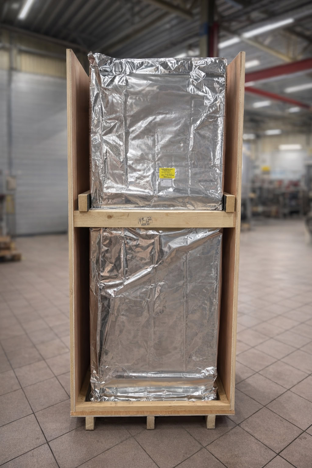 Industriell komponent pakket i fuktsikker aluminiumsfolie og trekasse i lagerhall.